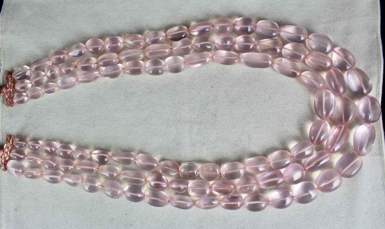 NATURAL ROSE QUARTZ BEADS CABOCHON 3 LINE 1415 CARATS GEMSTONE FASHION NECKLACE