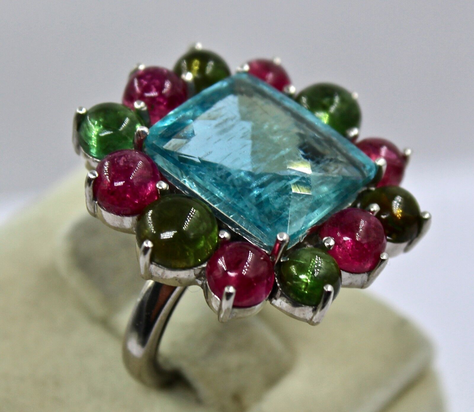 NATURAL AQUAMARINE SQUARE CUT MULTI TOURMALINE CABOCHON LADIES RING IN SILVER 