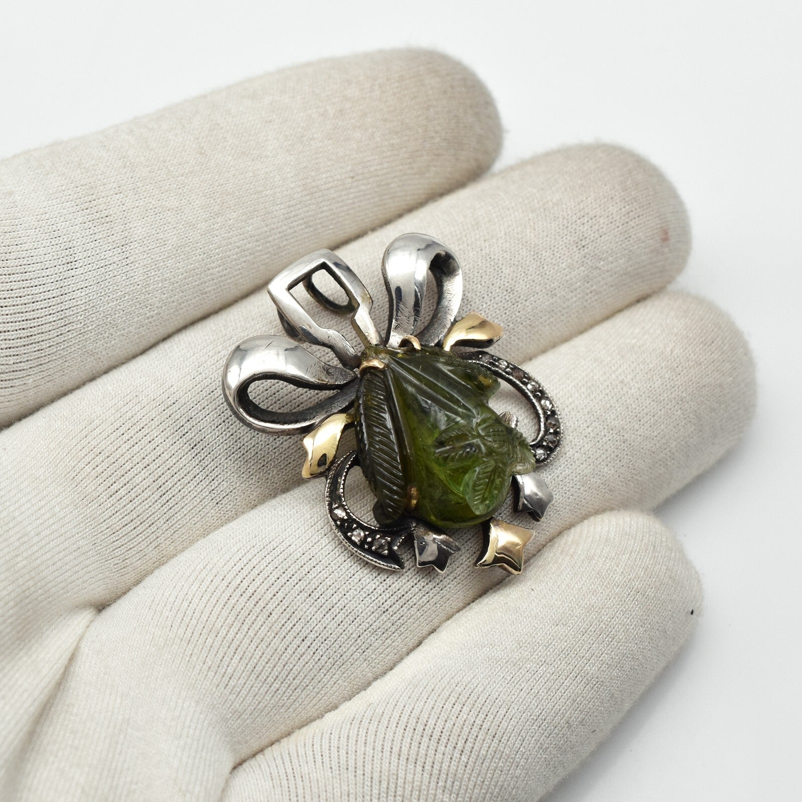 Vintage Natural Diamond Green Chrome Tourmaline 10 Ct Gold Victorian Pendant