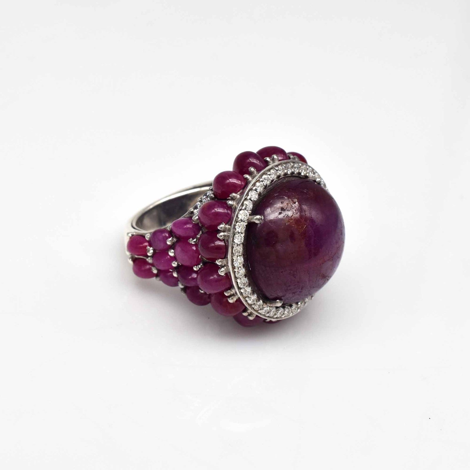 Natural Ruby Star Cabochon Cubic Zirconia Red Gemstone Silver Cocktail Ring