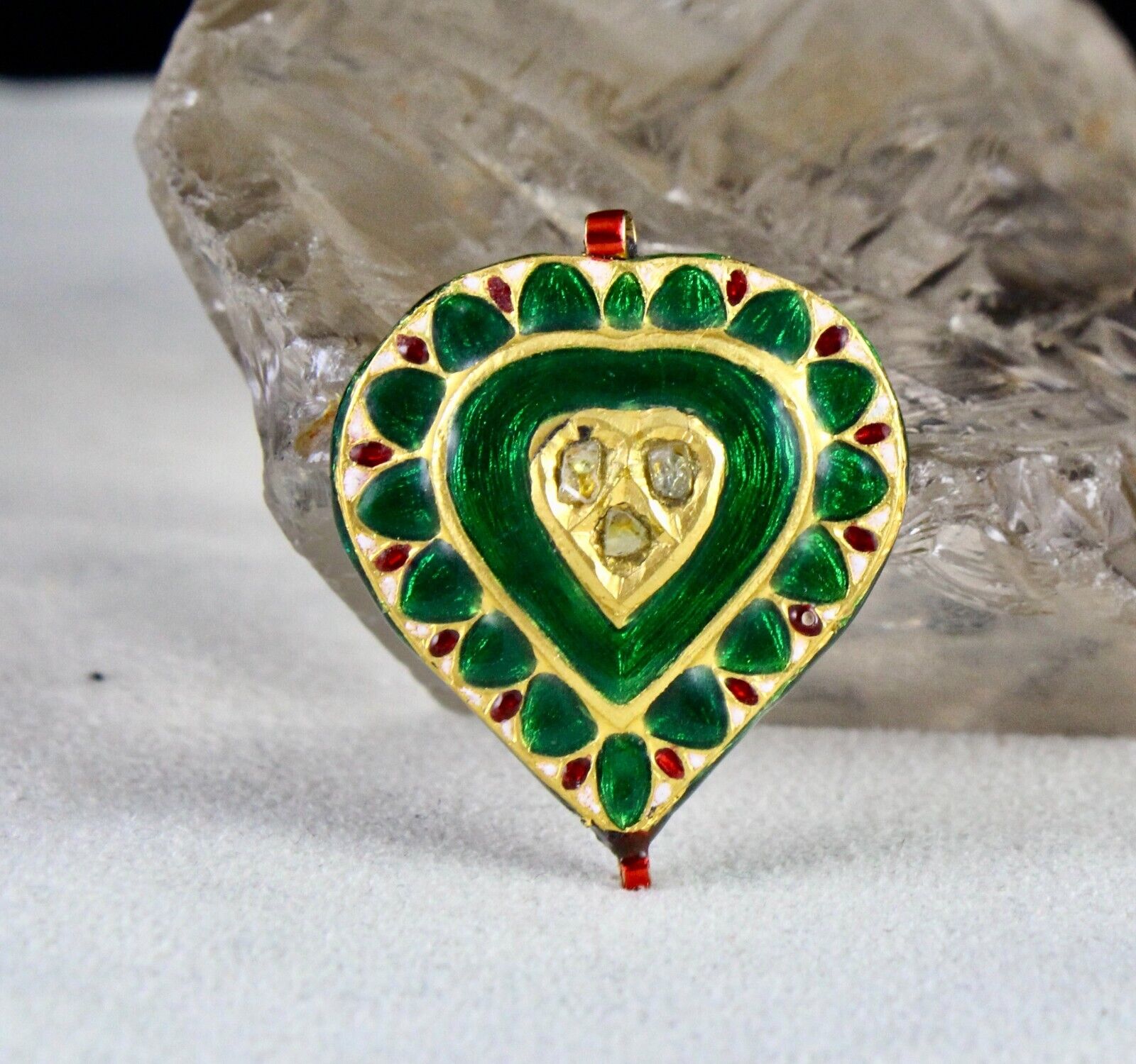 Antique Green Jadau Natural Diamond Indian 22k Kundan Meena Indian Gold Pendant