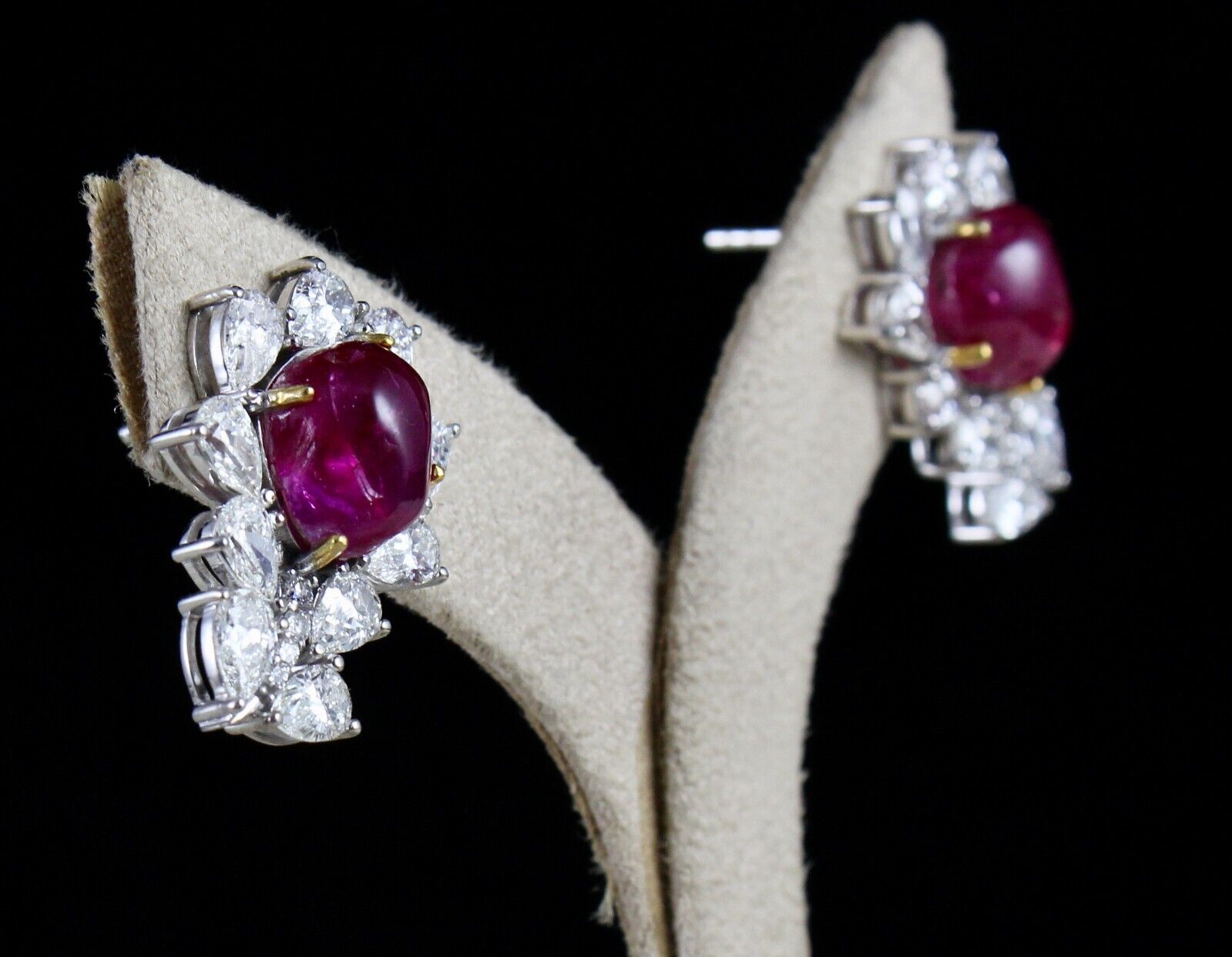 Certified Natural Burma Ruby Cabochon Pear Diamond 18K Gold Stud Earring