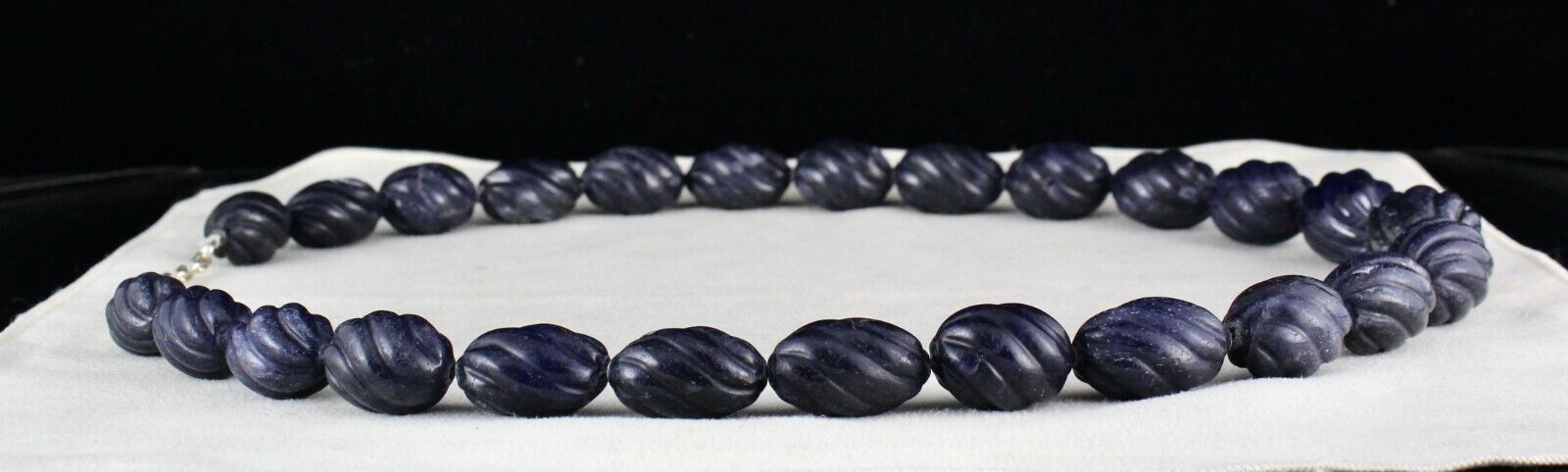 Blue Jade Carved Beaded Necklace 1 Line 1301 Carats Natural Stone Silver Clasp