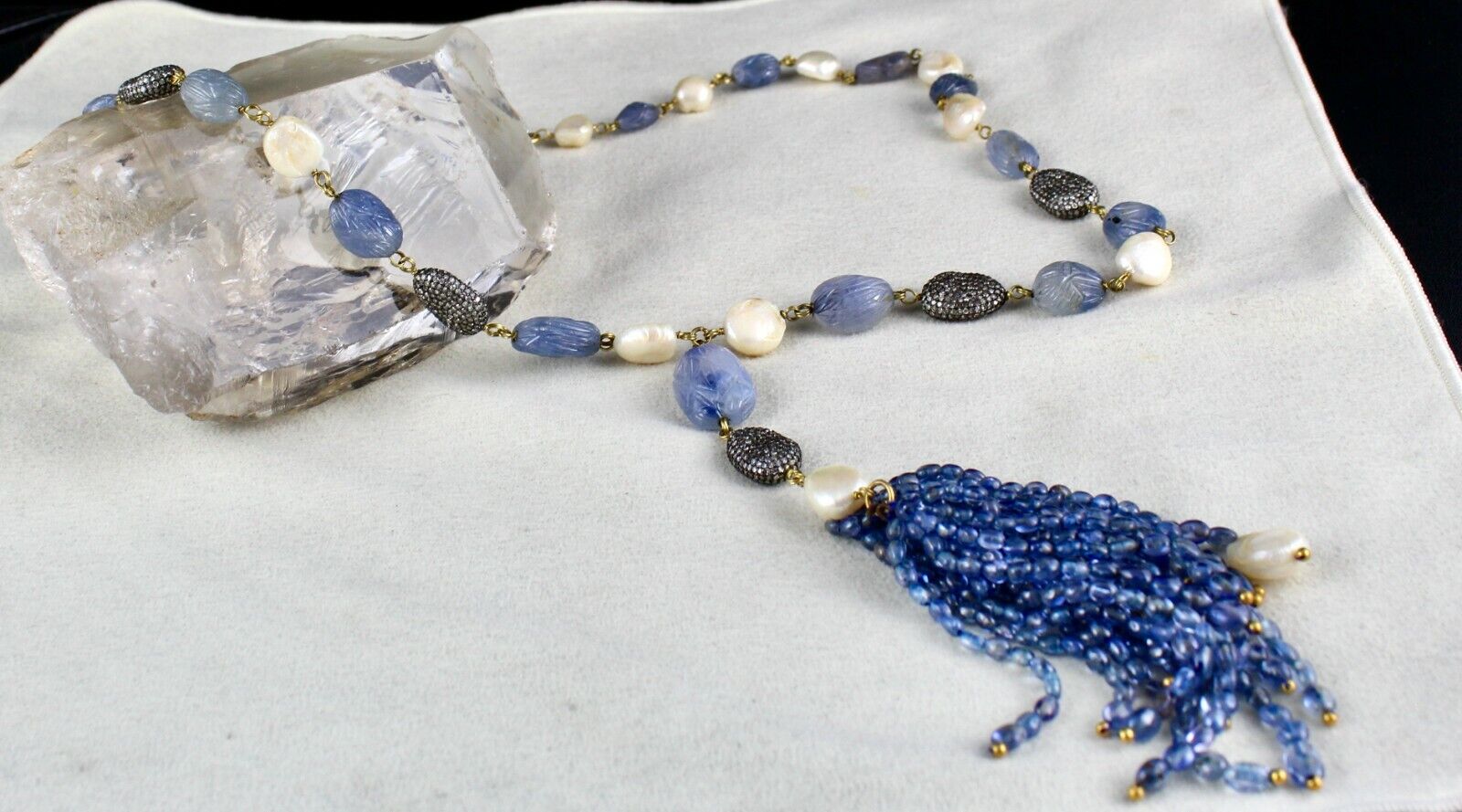 NATURAL BLUE SAPPHIRE BEADS CARVED PEARL STONE DIAMOND 14KGOLD FASHION NECKLACE