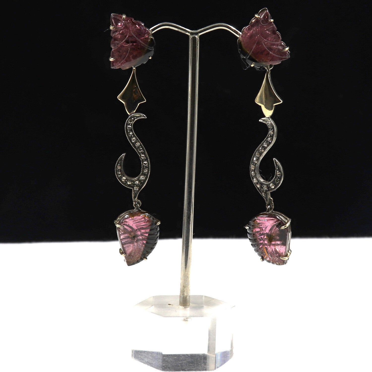 Bi Color Tourmaline 73ct Natural Diamond 18k Gold 925 Silver Victorian Earrings