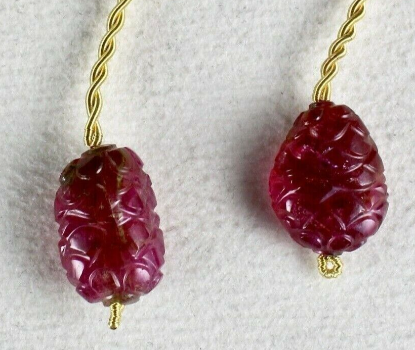 Certified Natural Tourmaline Carved Cabochon Drilled Beads 34.95 Ct Earring Pair