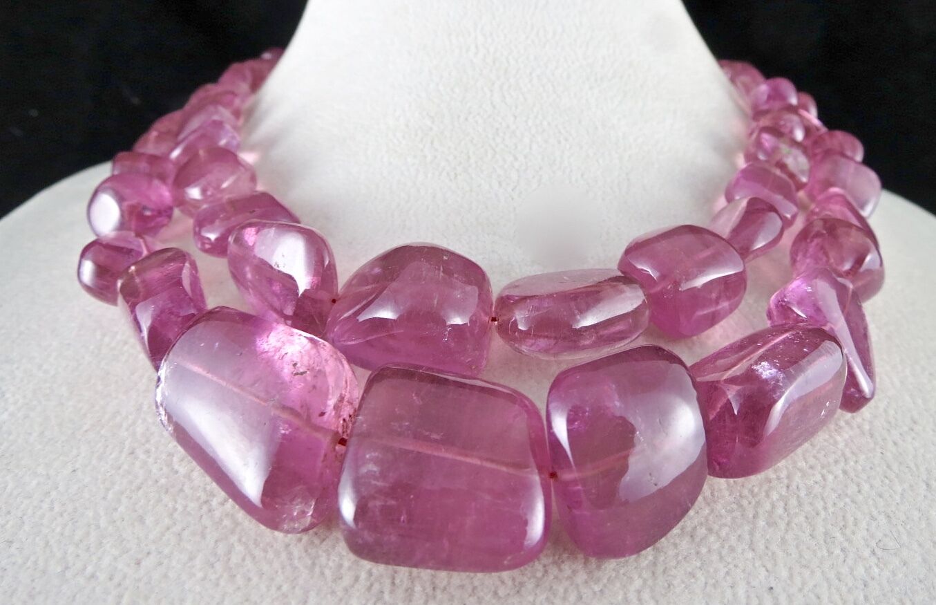 GTL CERTIFIED NATURAL PINK TOURMALINE RUBELLITE BEADS TUMBLE 2L 908 CTS NECKLACE