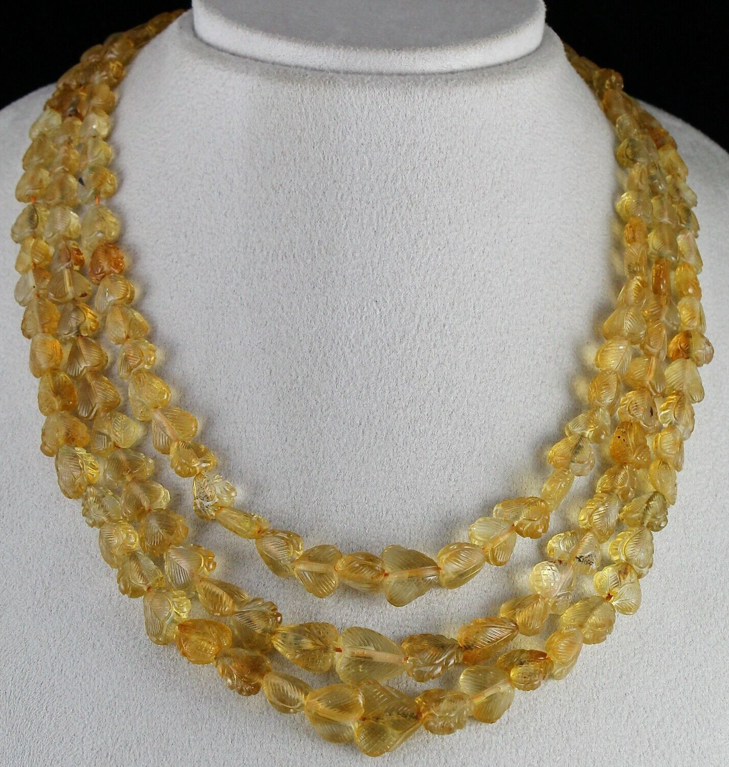 Natural Citrine Beads Carved Heart 3 L 552 Ct Yellow Gemstone Vintage Necklace