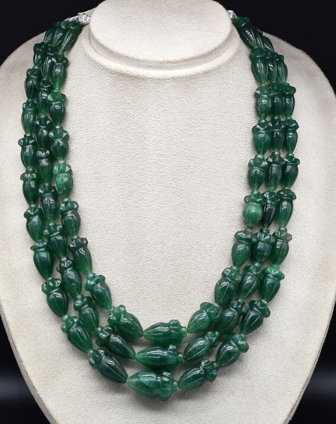 Natural Green Quartz Engraved Beaded Necklace 3 Line 1247 Ct Old Carved Gemstone