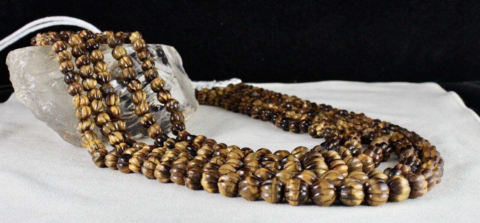 NATURAL TIGER EYE BEADS CARVED 5 LINE 1214 CTS GEMSTONE LADIES ANTIQUE NECKLACE