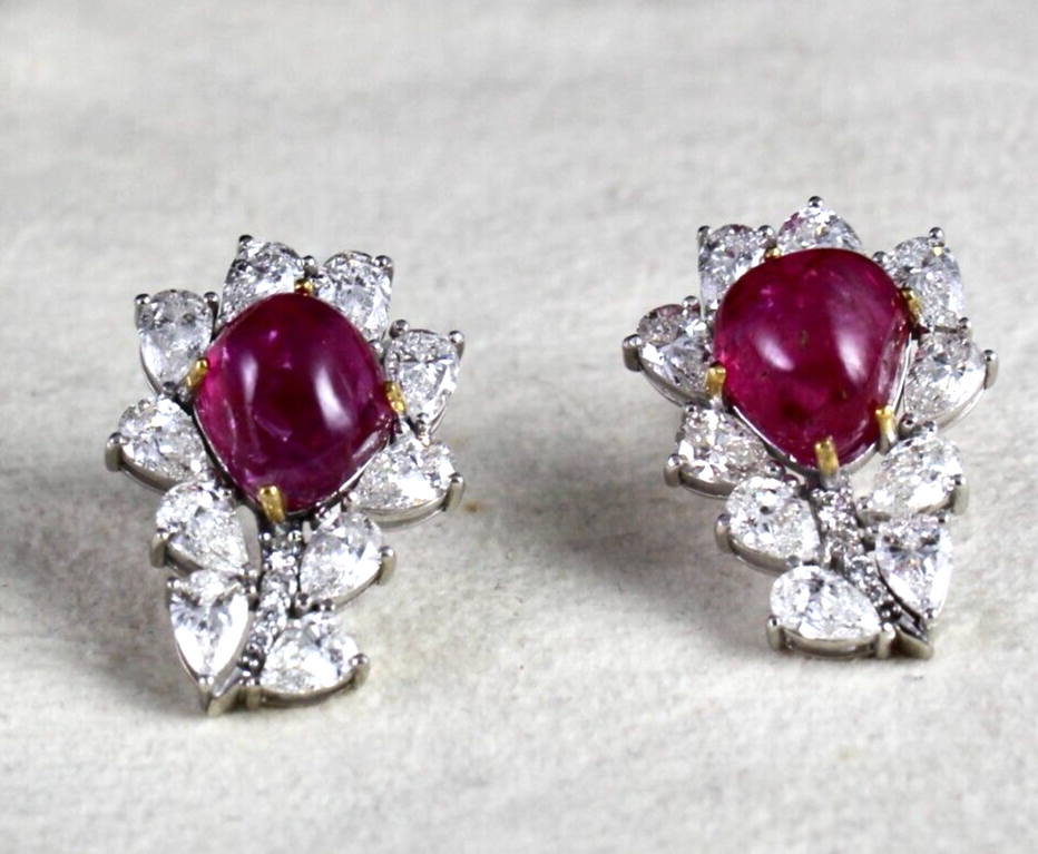 Certified 18k Gold Natural Diamond Burma Ruby Cabochon Stud Earrings 33.9ct