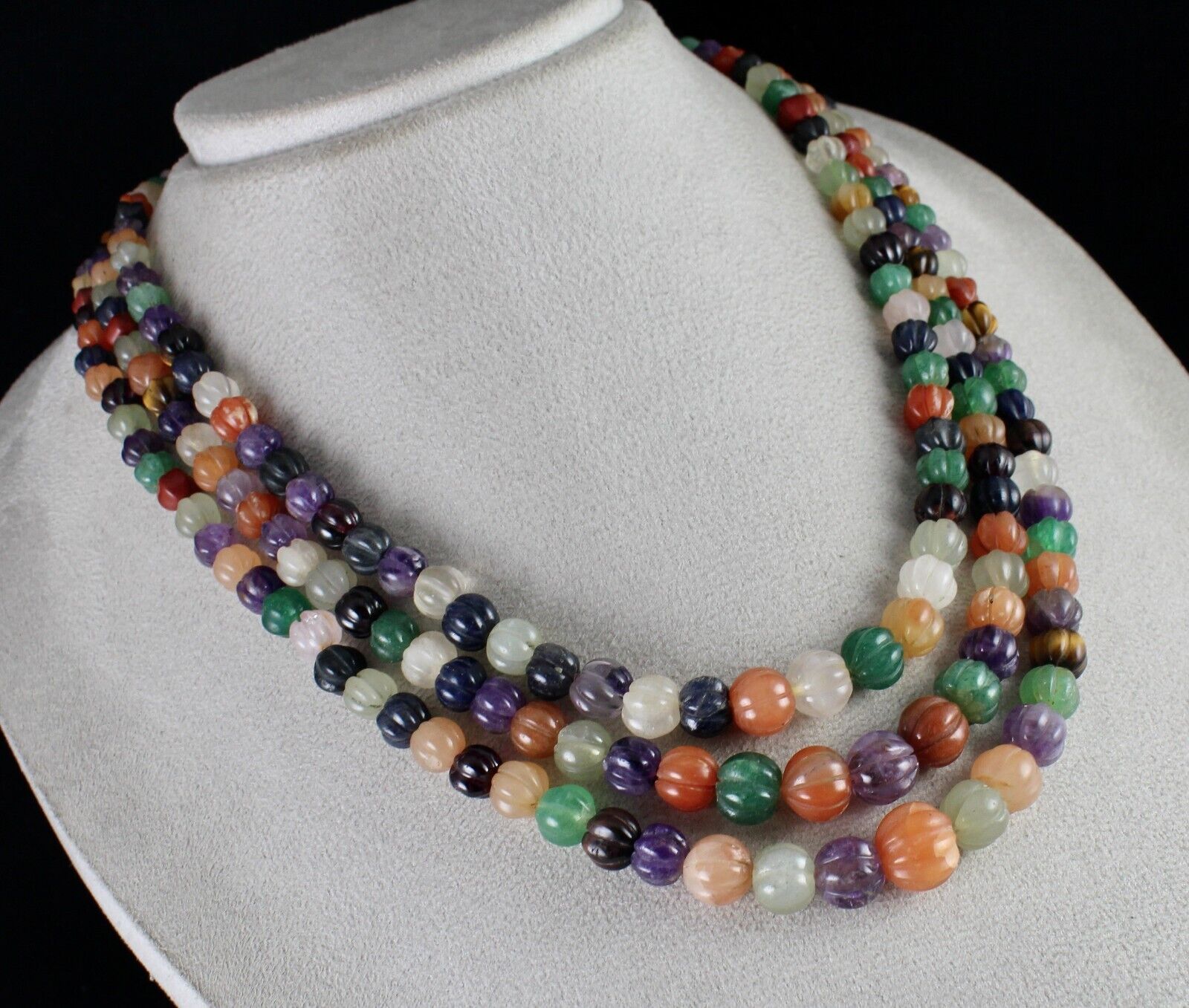 OLD MULTI NATURAL SEMI PRECIOUS CARVED MELON BEADS 3 L 688 CT GEMSTONE NECKLACE