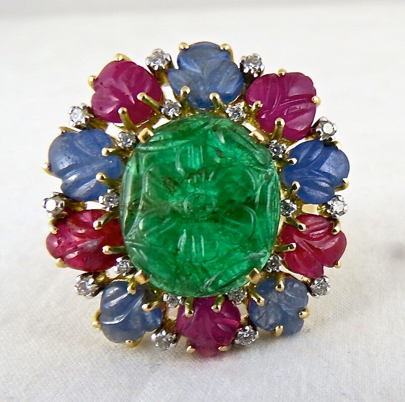 Natural Untreated Emerald Ruby Blue Sapphire Carved Diamond 18K Gold Fine Ring