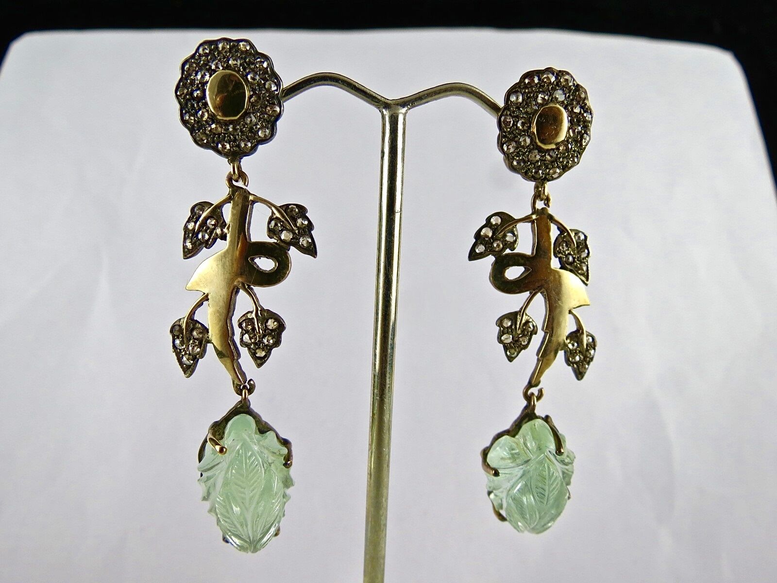 NATURAL BLUE AQUAMARINE CARVED DIAMOND 18K GOLD & 925 SILVER VICTORIAN EARRING