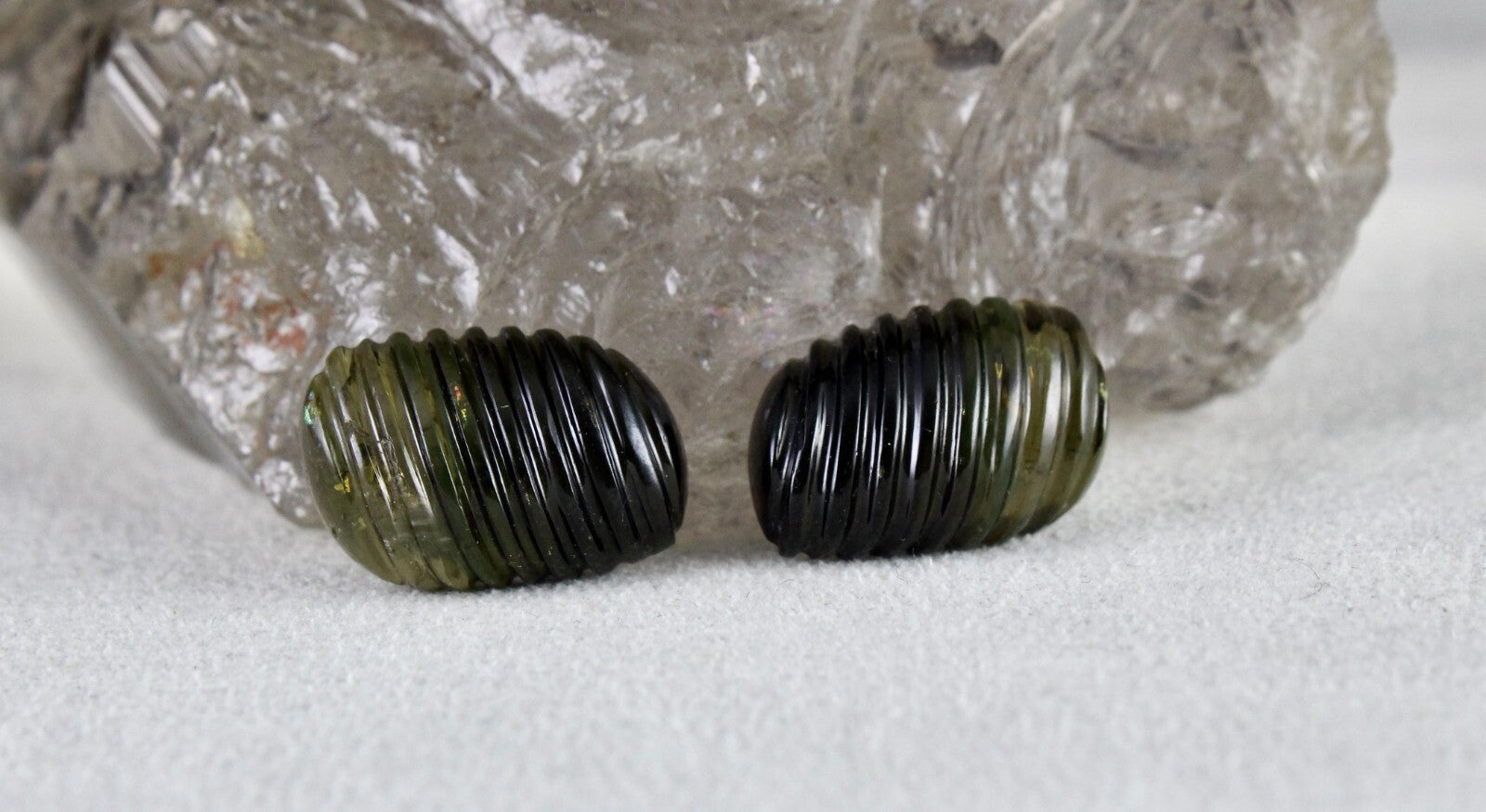 Natural Greenish Black Tourmaline 24.72 Ct Carved Leaves Gemstone Earring Set