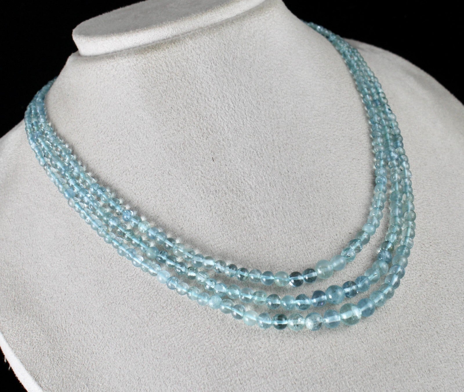 Natural Aquamarine Beads Round 225ct 3 Line Gemstone Beaded Necklace