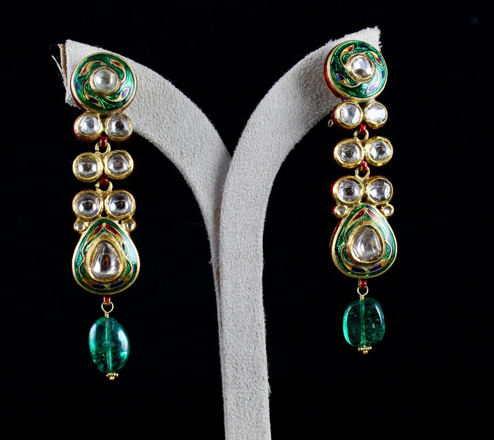 Certified Old Natural Diamond Cut Emerald 22k Gold Jadau Dangle Earrings 152.5ct