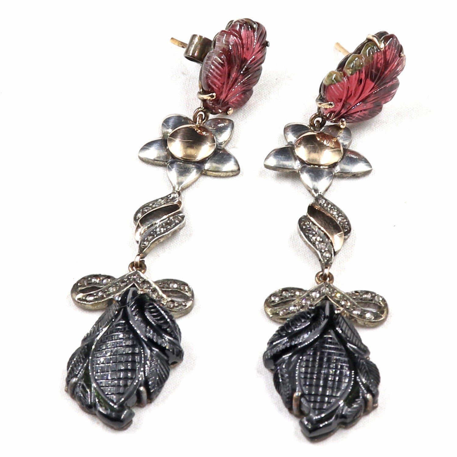 Natural Multi Tourmaline 87.75ct Carved Diamond 18k Gold Sterling Silver Earring