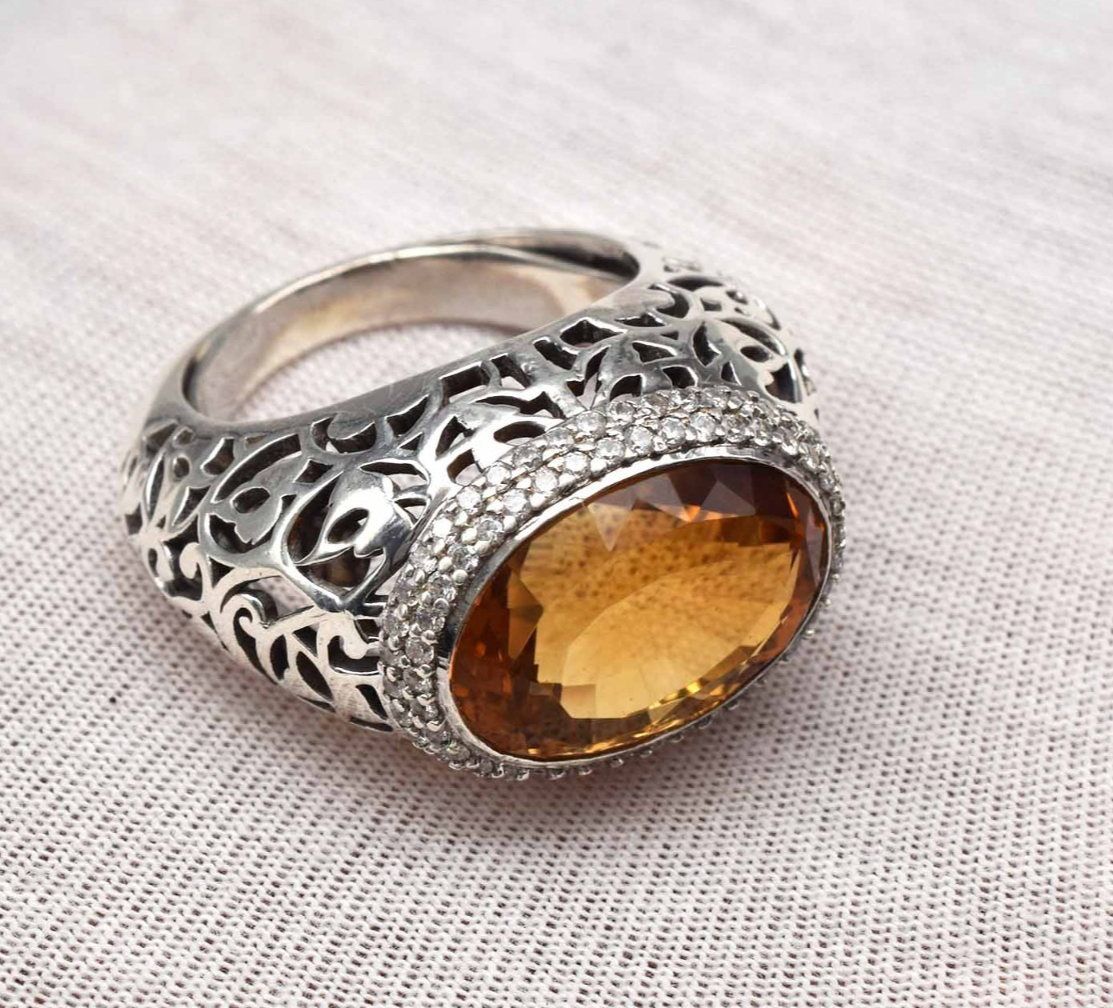 Natural Yellow Citrine Oval Cubic Zirconia Top Gemstone Silver Cocktail Ring