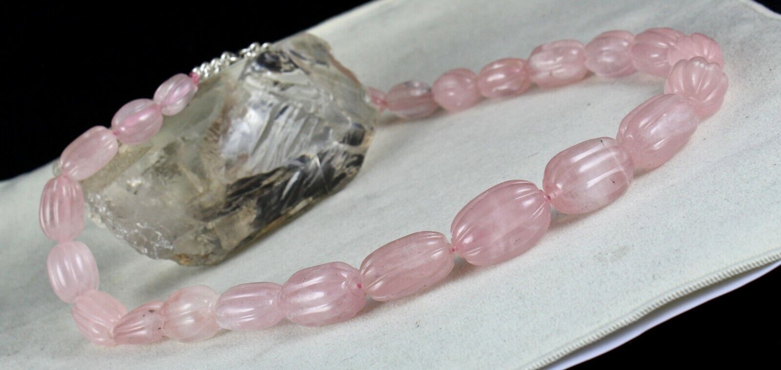 NATURAL ROSE QUARTZ MELON CARVED LONG BEADS 883 CARATS GEMSTONE SILVER NECKLACE