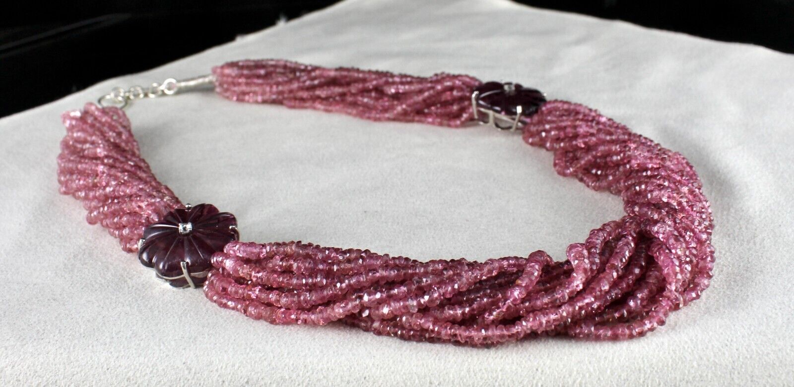 Natural Pink Tourmaline Carved & Beads 878 Ct Stone Diamond Silver Fine Necklace