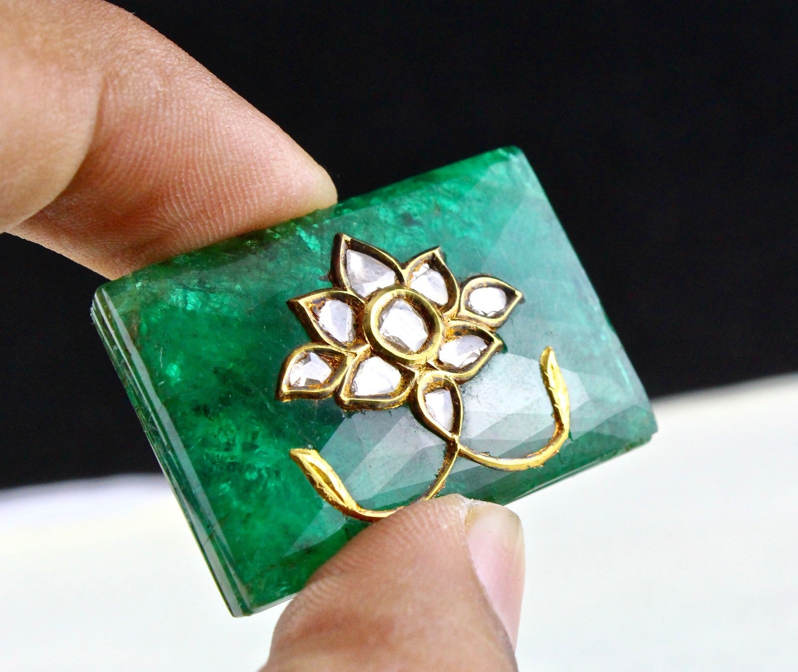 Natural Zambia Emerald Cabochon 22k Gold Natural Diamond Antique Pendant