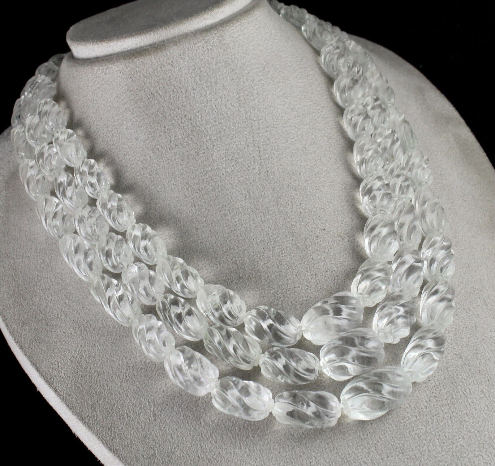 Natural White Rock Crystal Quartz Bead Carved Oval 3 L 1478 Ct Gemstone Necklace