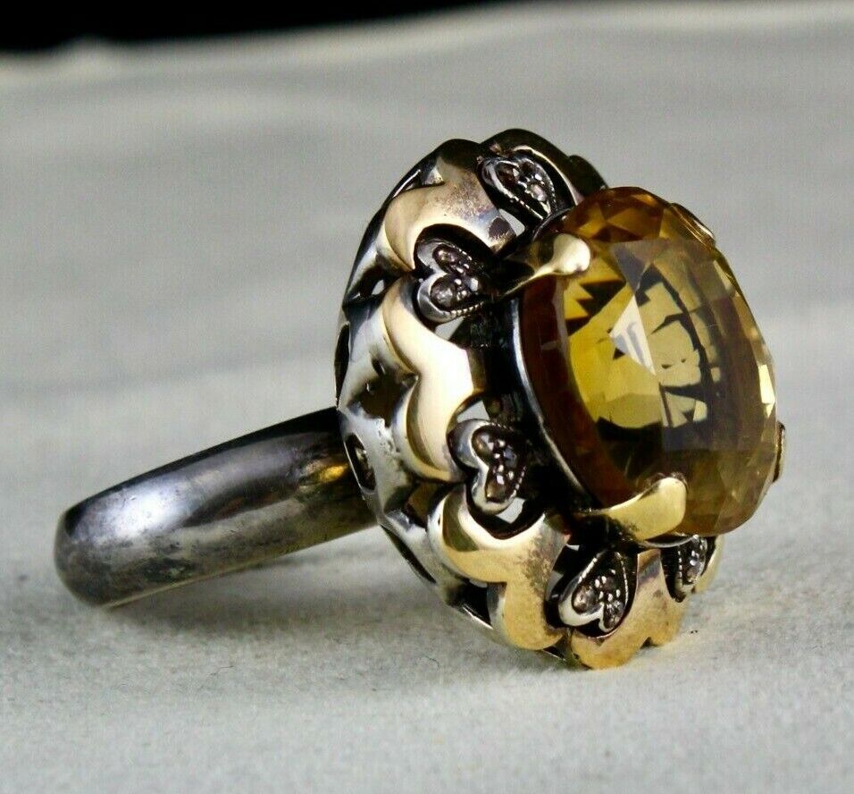 Antique Big Yellow Citrine Cut Diamond 18k Gold 925 Silver Ladies Victorian Ring