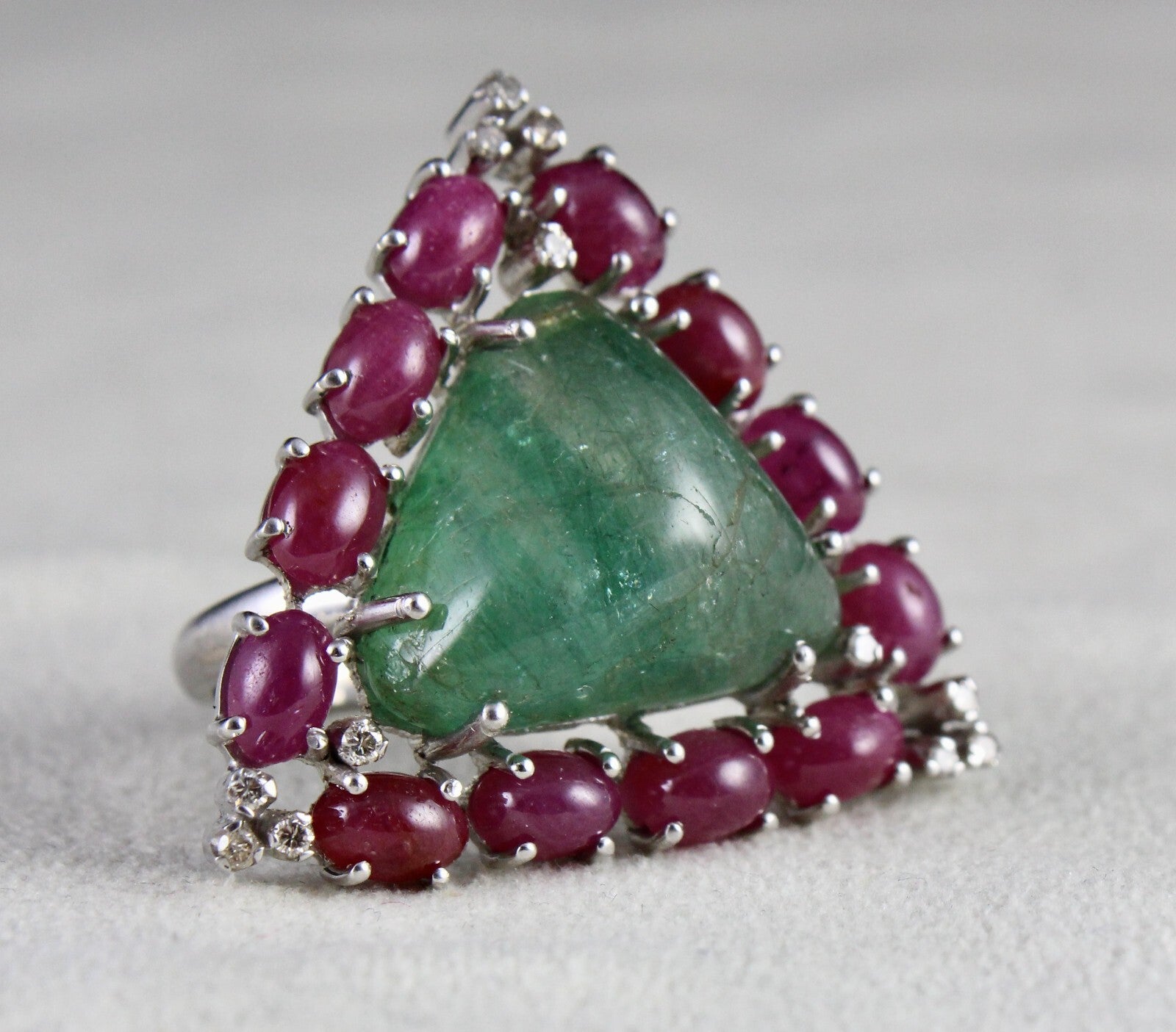 Antique Emerald 10ct Ruby Cabochon Natural Diamond Sterling Silver Ring