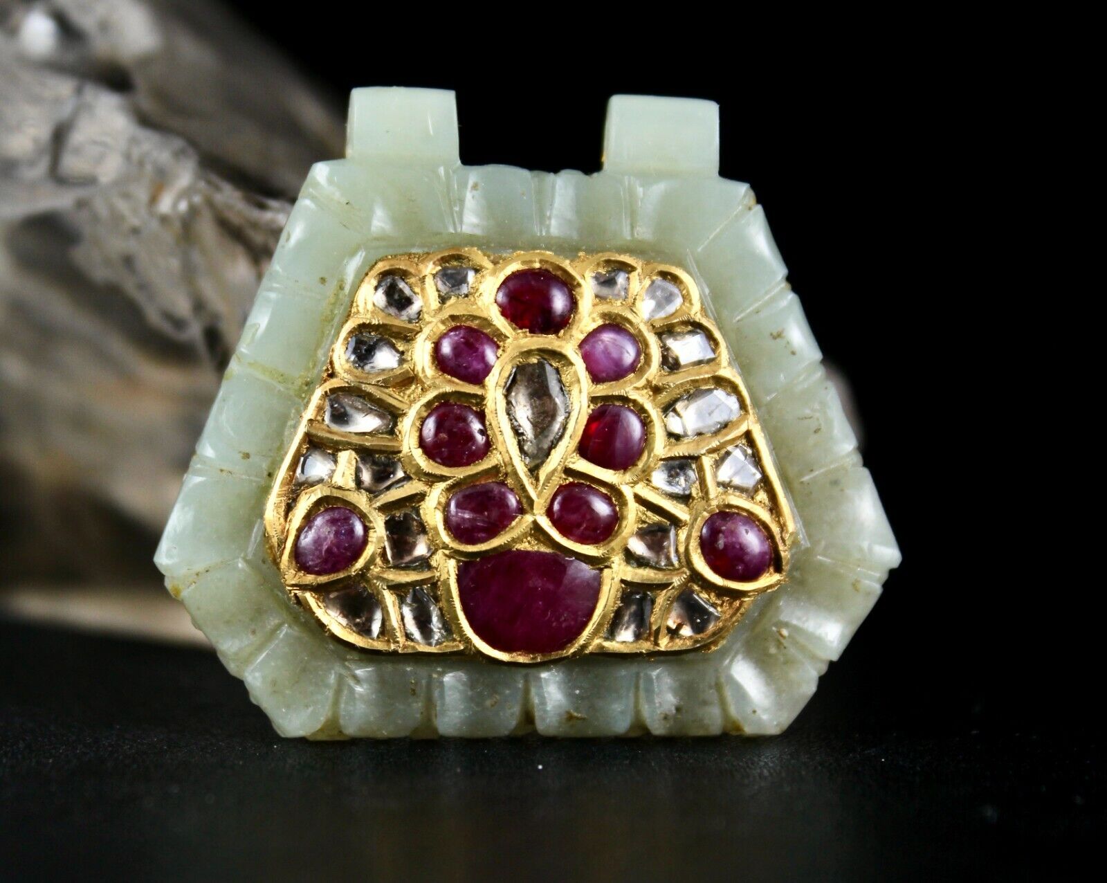 ANTIQUE OLD NATURAL NEPHRITE JADE FLAT DIAMOND RUBIES 22K GOLD TWO SIDE PENDANT