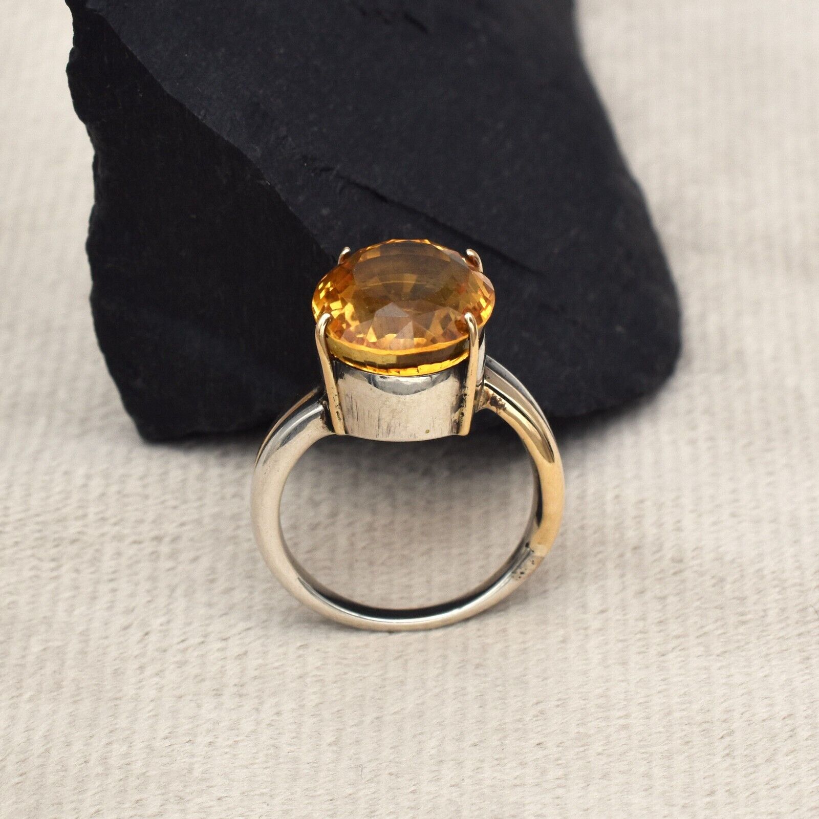 Vintage Yellow Citrine Ring 18k Gold 925 Silver Women Men November Birthstone