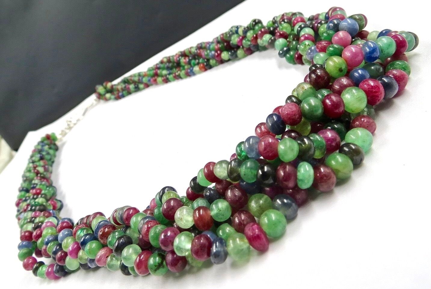 Vintage Natural Emerald Ruby Sapphire Beaded Round 631 Ct Stone Silver Necklace