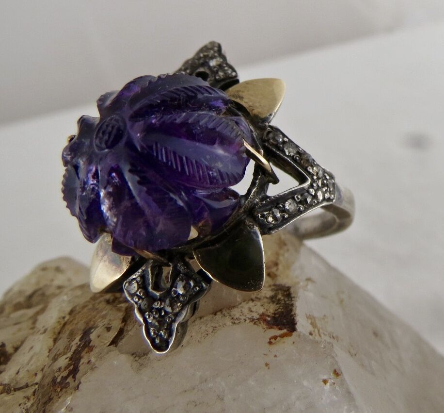 Antique Natural Amethyst Carved Diamond 18K Gold 925 Silver Victorian Ring