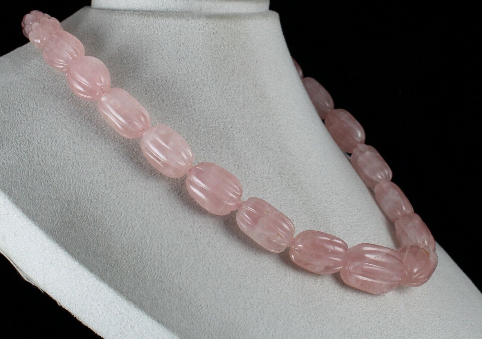 NATURAL ROSE QUARTZ MELON CARVED LONG BEADS 903 CARATS GEMSTONE SILVER NECKLACE