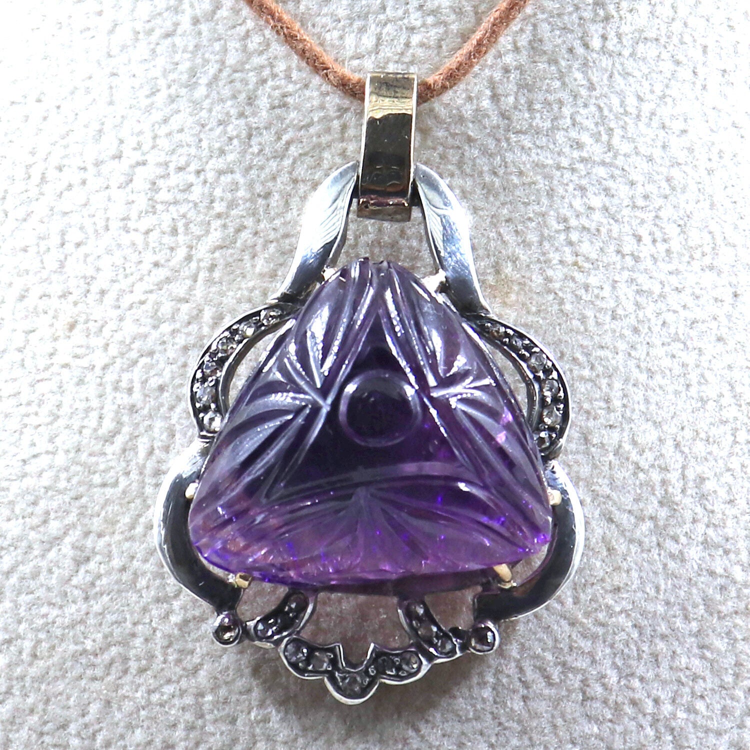 ANTIQUE NATURAL AMETHYST CARVED DIAMOND VICTORIAN PENDANT IN 925 SILVER & GOLD