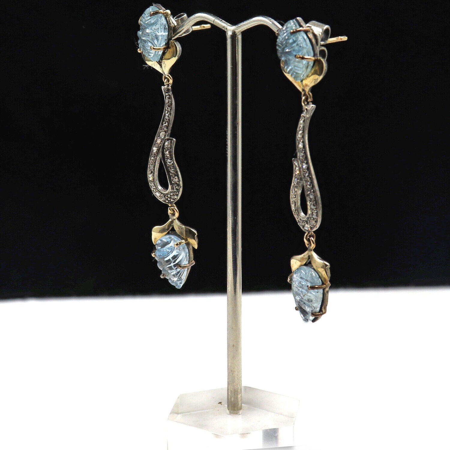 Natural Blue Aquamarine Carved Diamond 18K Gold 925 Silver Victorian Earring