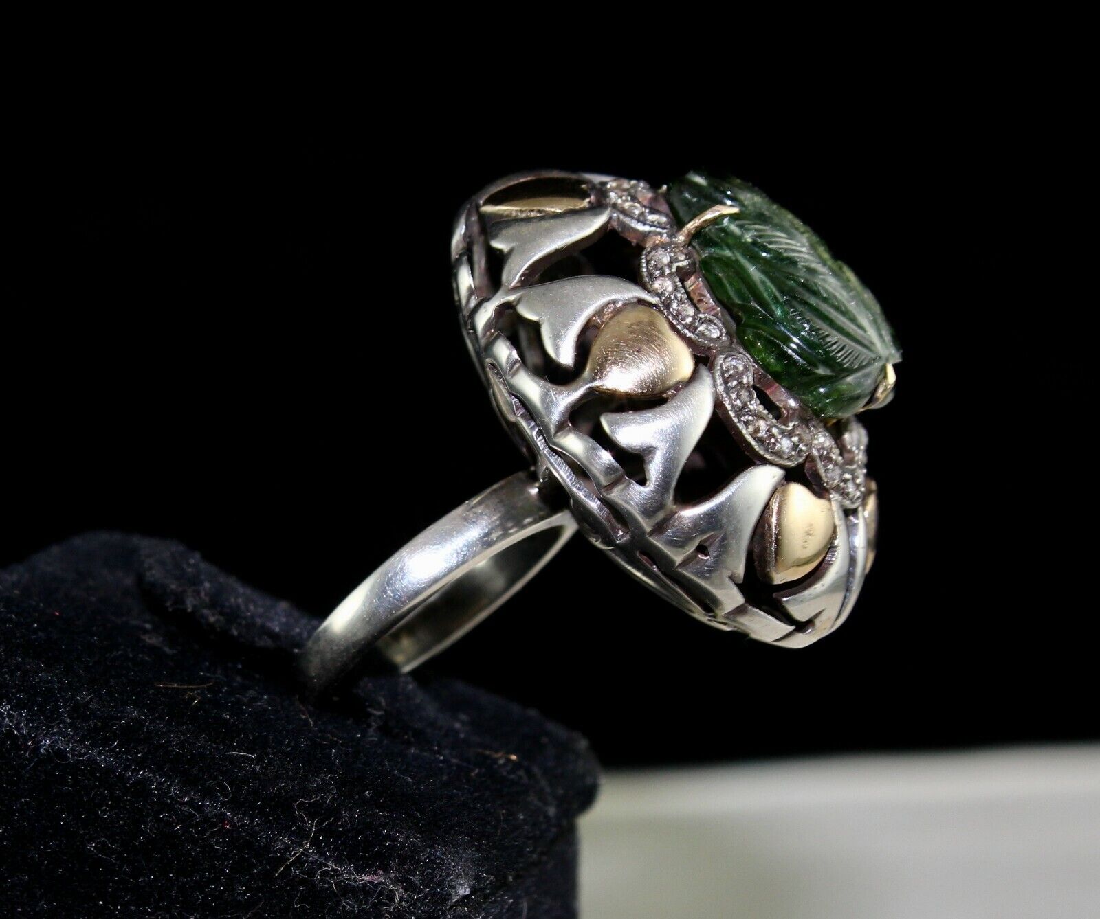 Antique Green Tourmaline Carved Diamond 18k Gold Silver Cocktail Victorian Ring