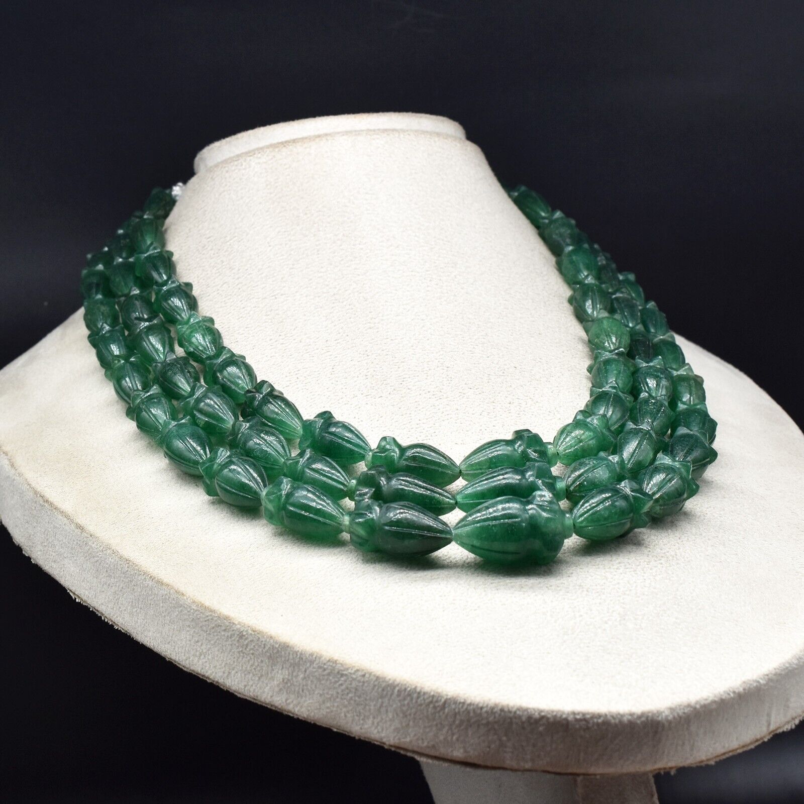 Natural Green Quartz Engraved Beaded Necklace 3 Line 1247 Ct Old Carved Gemstone