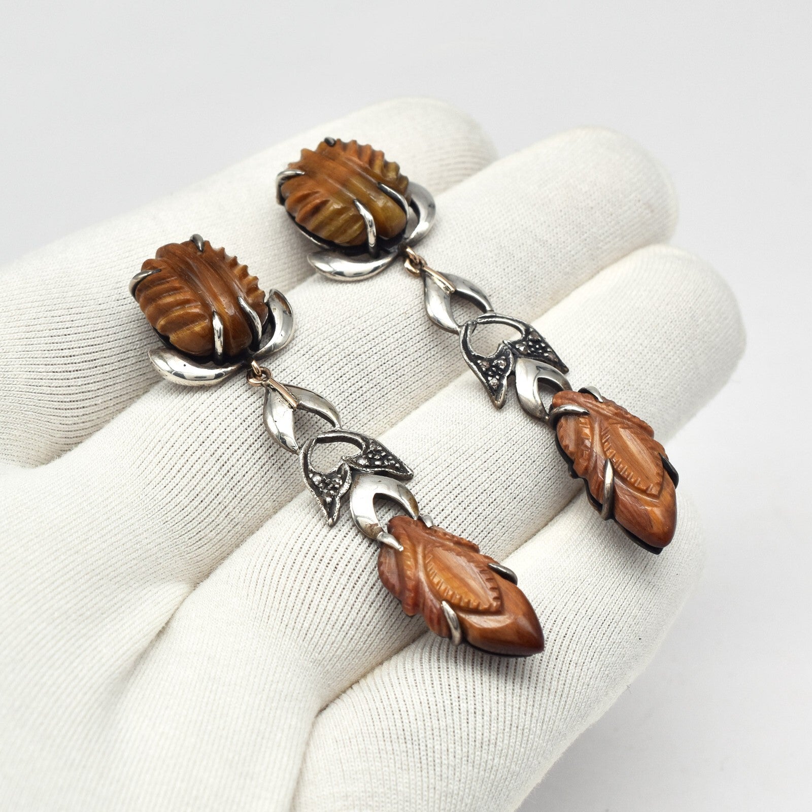 Estate 18k Gold Silver Natural Tiger Eye Diamond 10ct Victorian Dangle Earrings