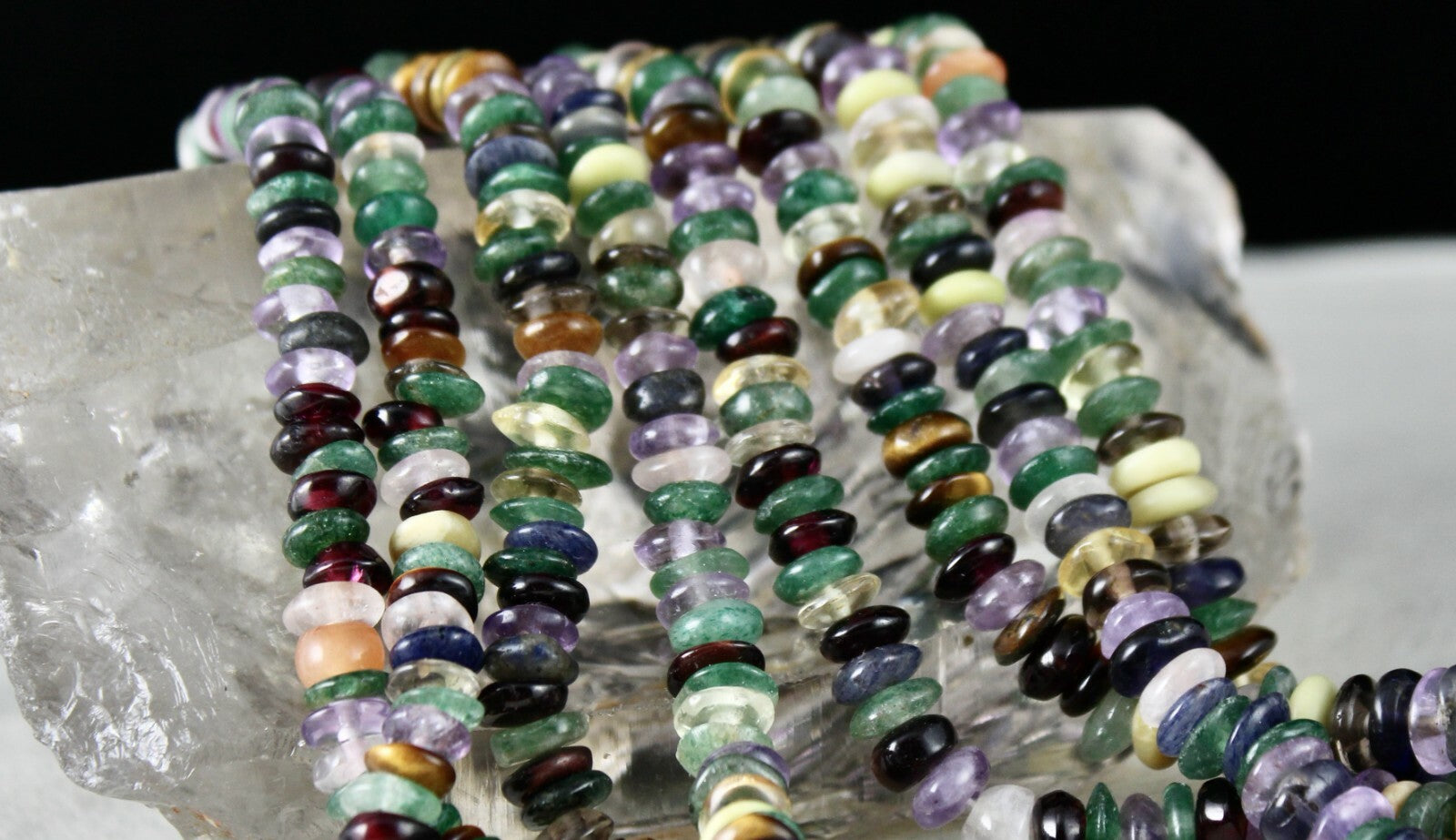 Old Multi Natural Semi Precious 660 Ct Beads Button Gemstone Necklace 4 Line