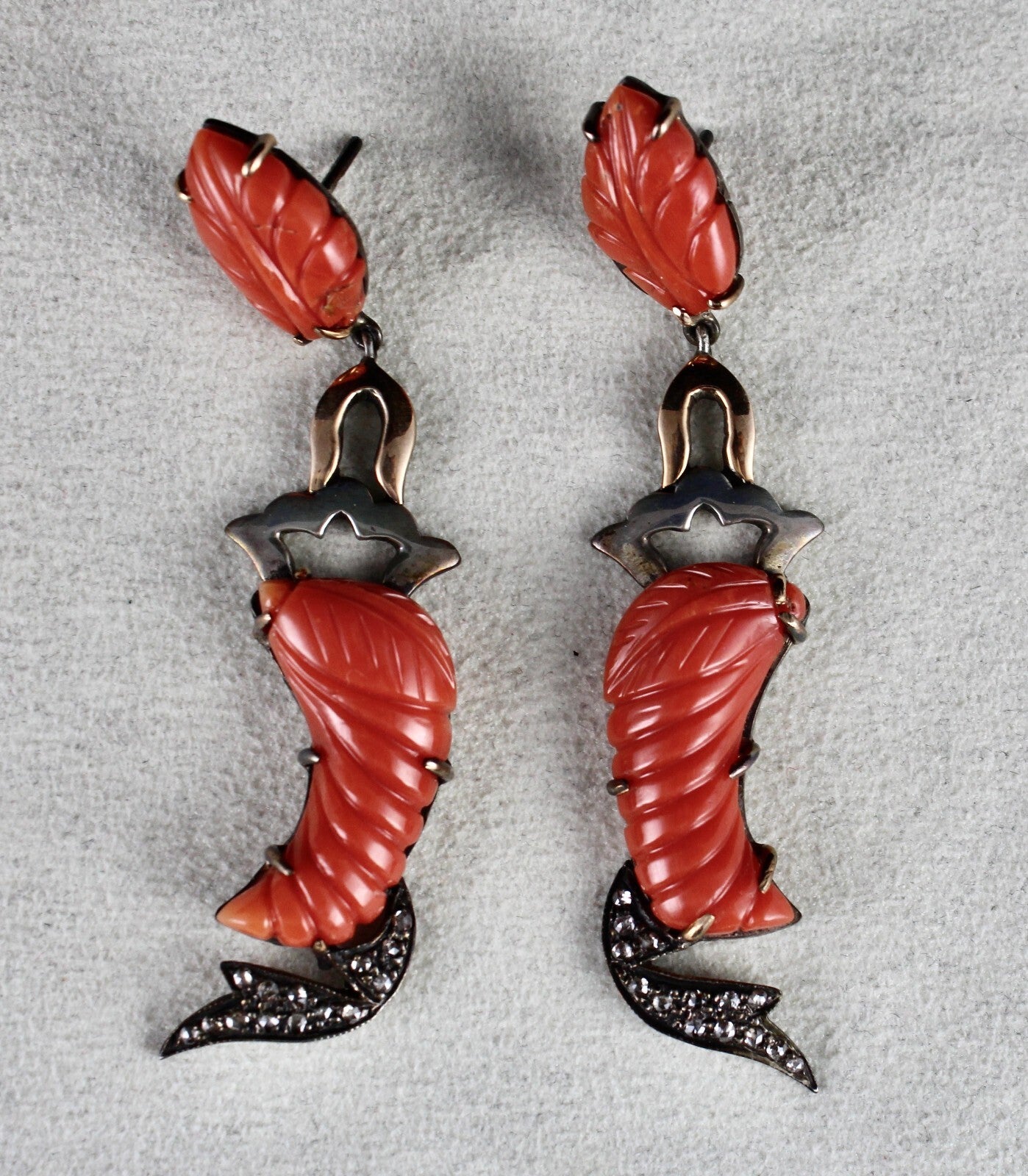 Estate Victorian Natural Red Coral 10ct Natural Diamond Sterling Silver Earrings