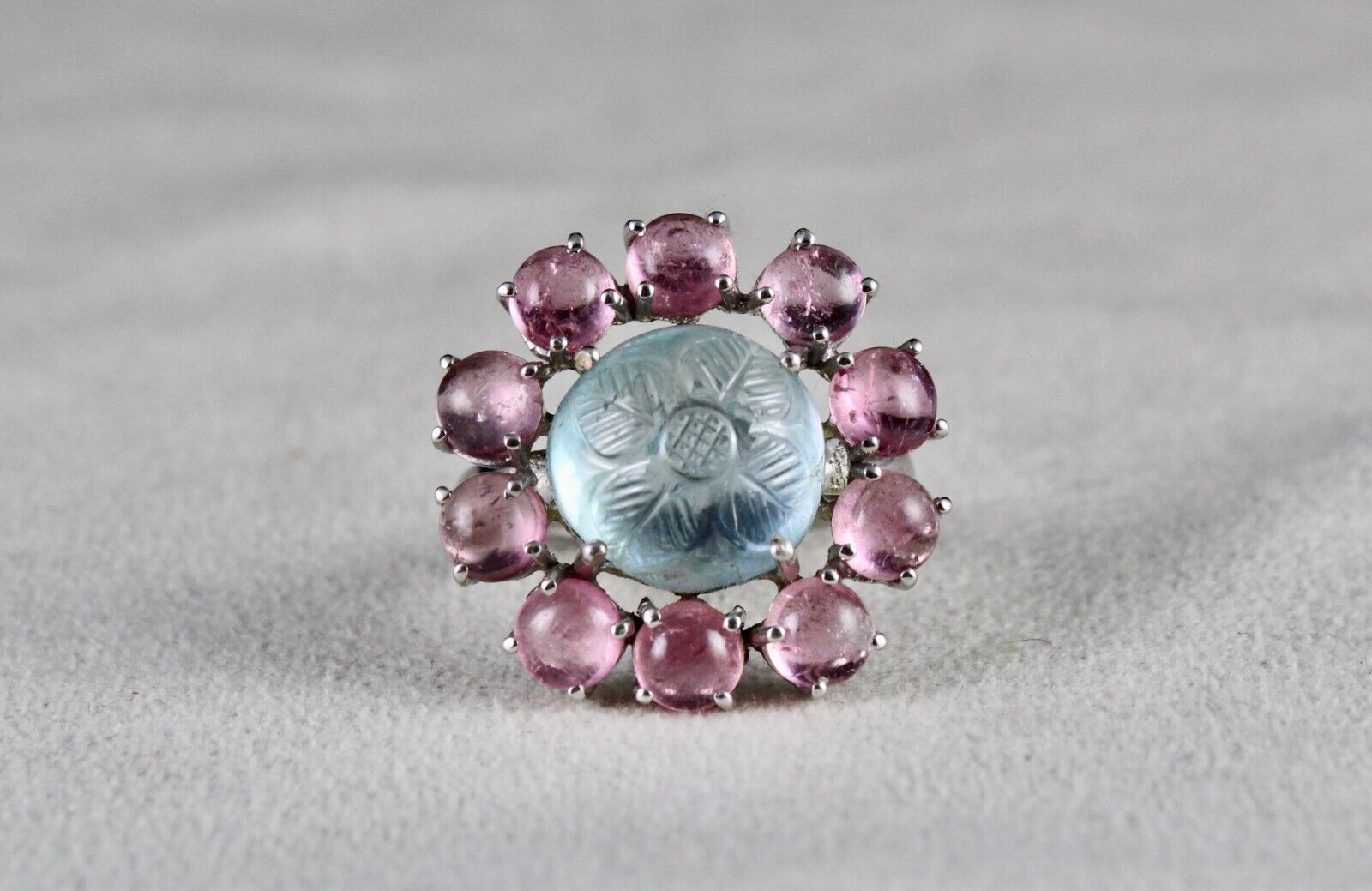 Antique Natural Aquamarine Carved Pink Tourmaline Gemstone Silver Victorian Ring