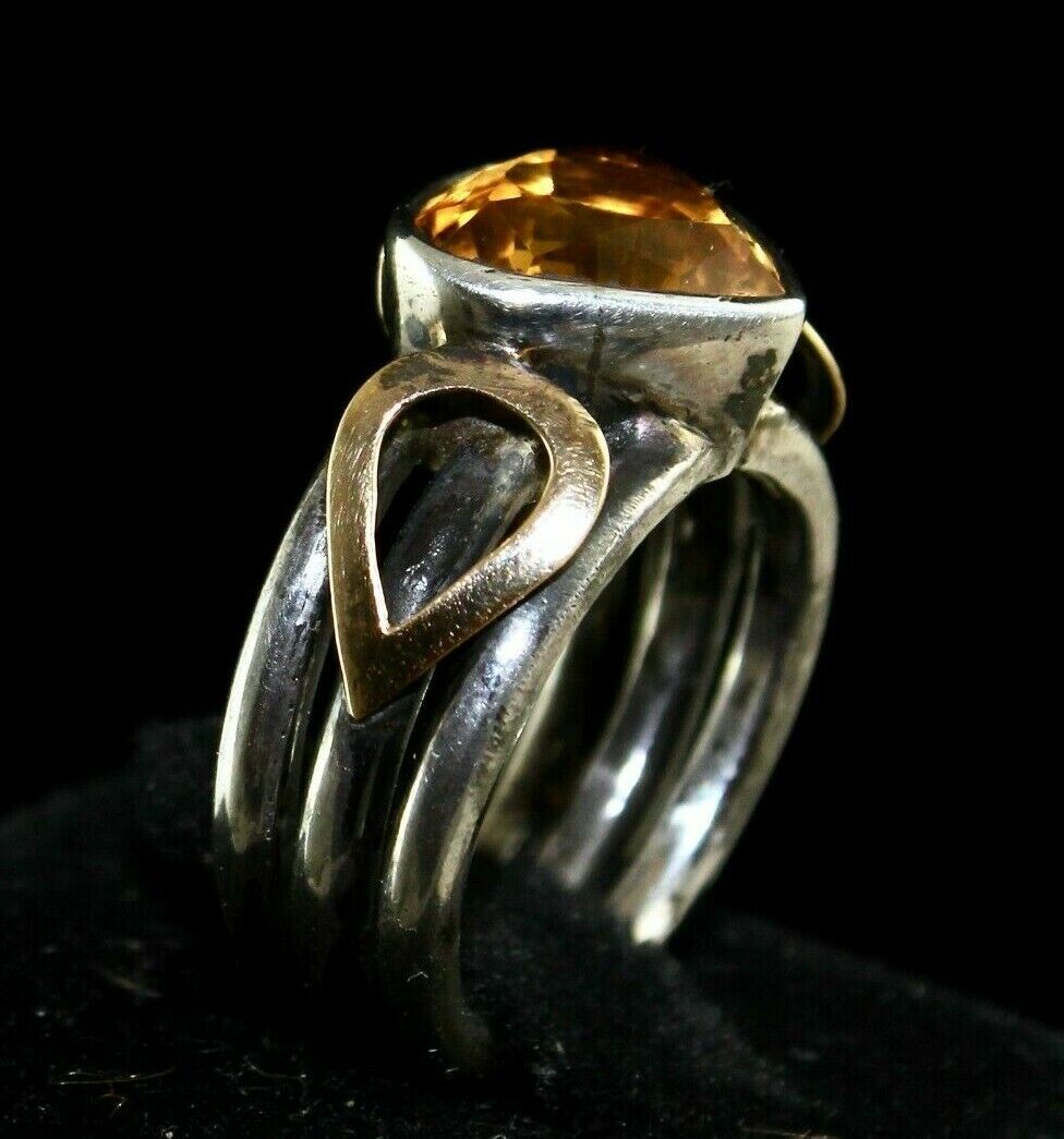 ANTIQUE NATURAL YELLOW CITRINE CUT 18K GOLD LADIES RING IN 925 STERLING SILVER