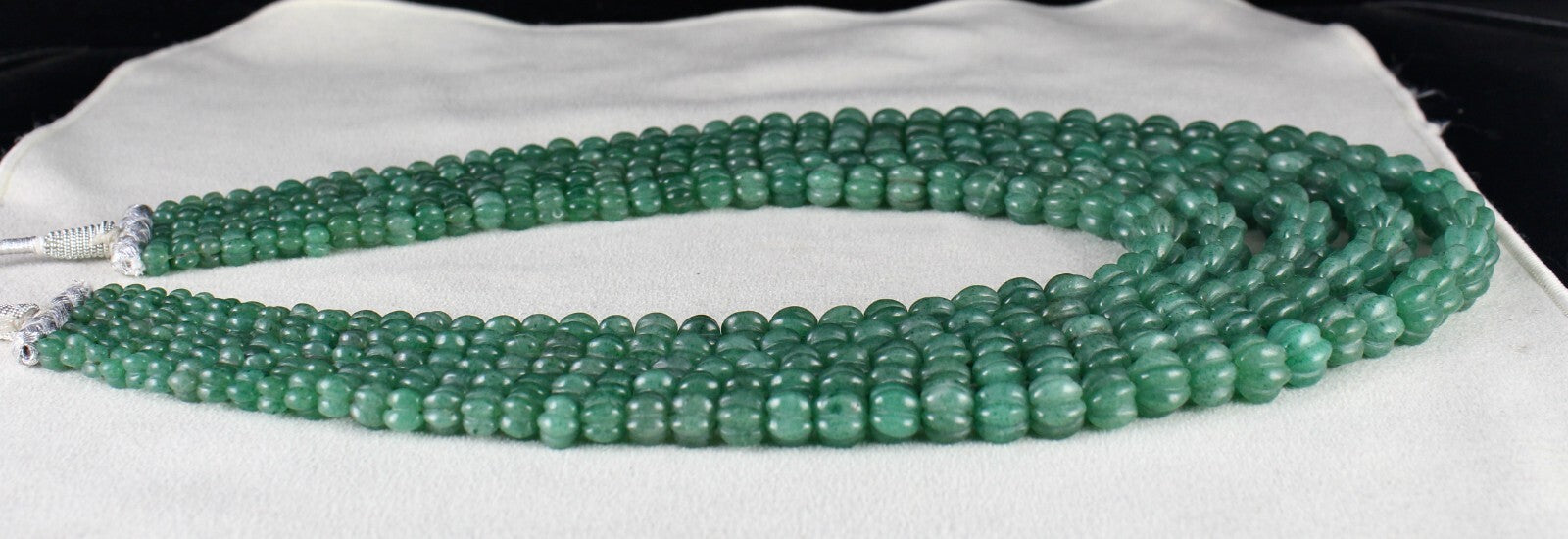 Natural Green Quartz Melon Beaded Necklace 1153 Ct 5 Line Old Carved Gemstone