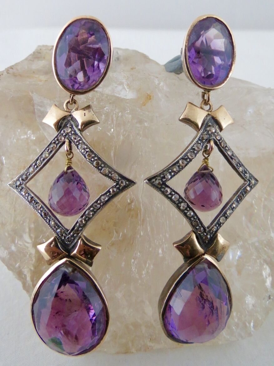 Estate Natural Amethyst Diamond 18 K Gold & 925 Silver Victorian Dangle Earring