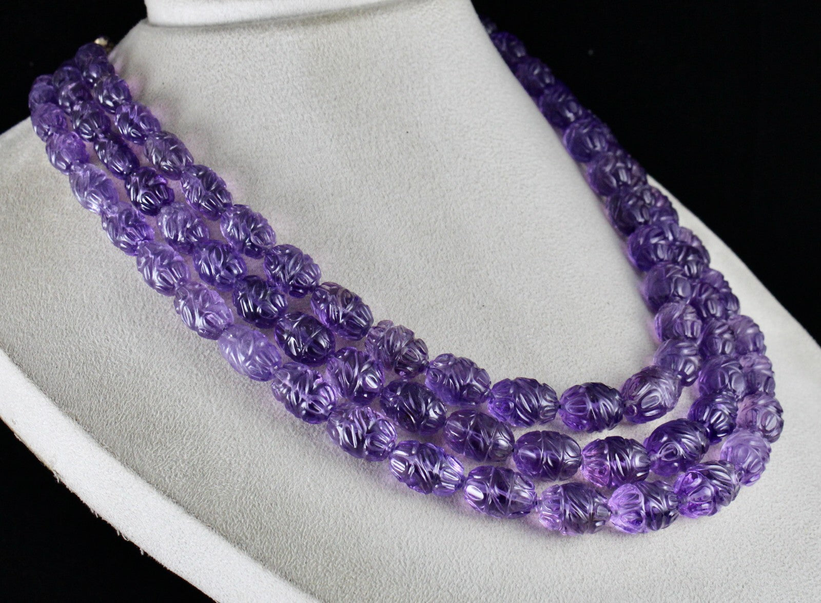 Certified Natural Amethyst 1227 Ct Engraved Beads Purple Gemstone Necklace