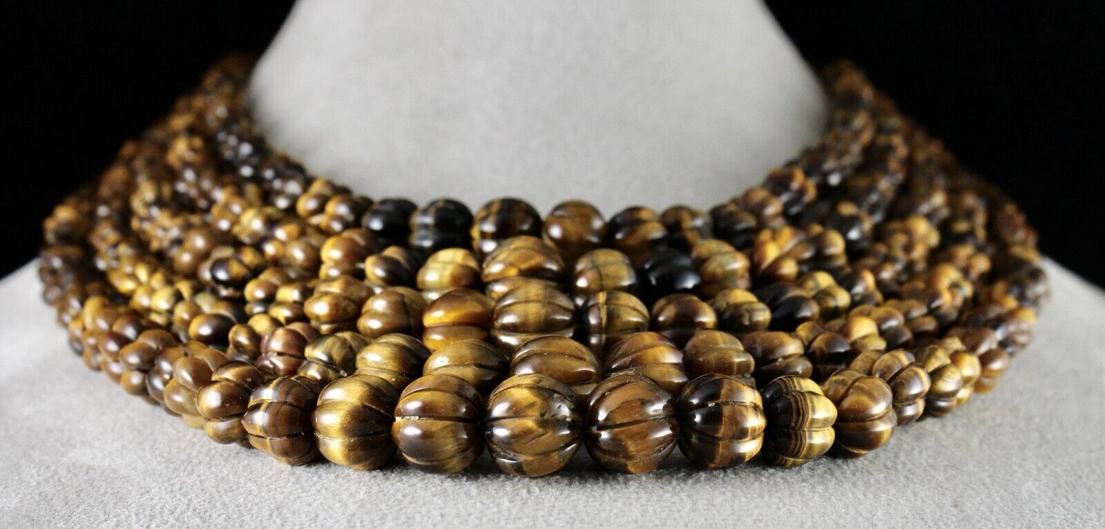 NATURAL TIGER EYE BEADS CARVED 5 LINE 1214 CTS GEMSTONE LADIES ANTIQUE NECKLACE