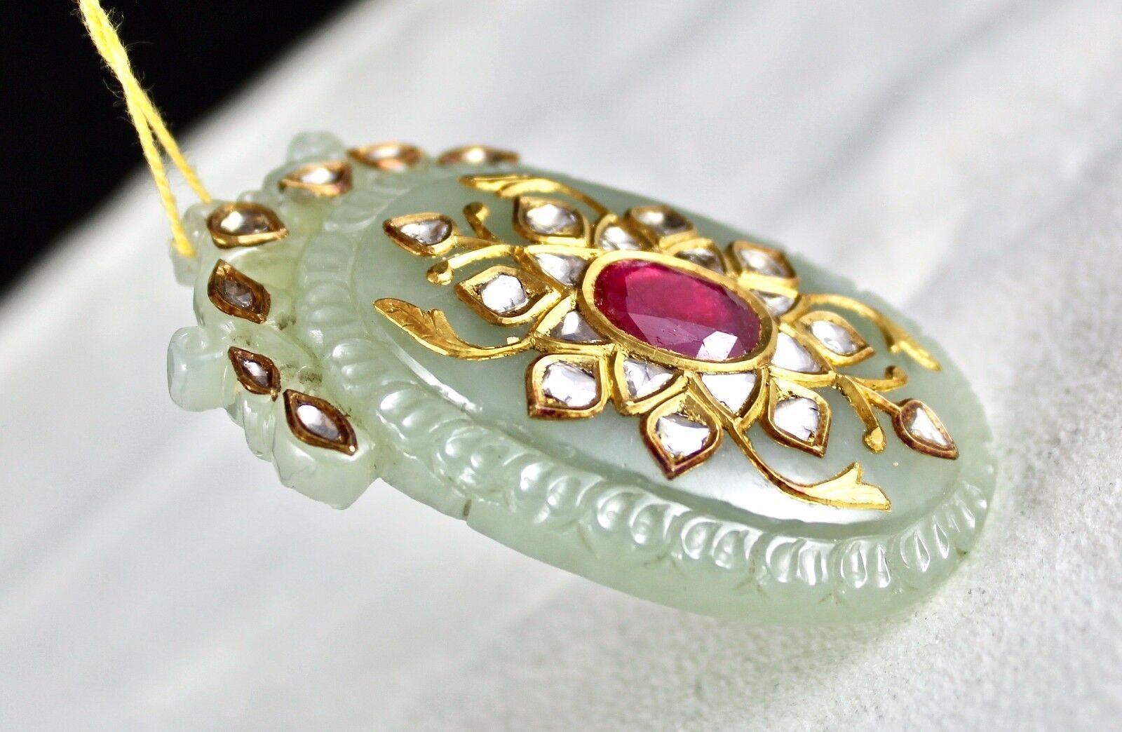 ANTIQUE GREEN JADE TAKTI PENDANT STUDDED WITH DIAMOND & RUBY IN 22K YELLOW GOLD