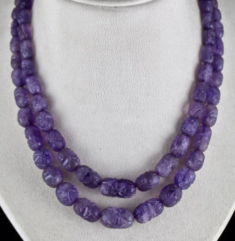 NATURAL AMETHYST CARVED BEADS 2 LINE 608 CTS GEMSTONE NECKLACE WITH SILVER HOOK