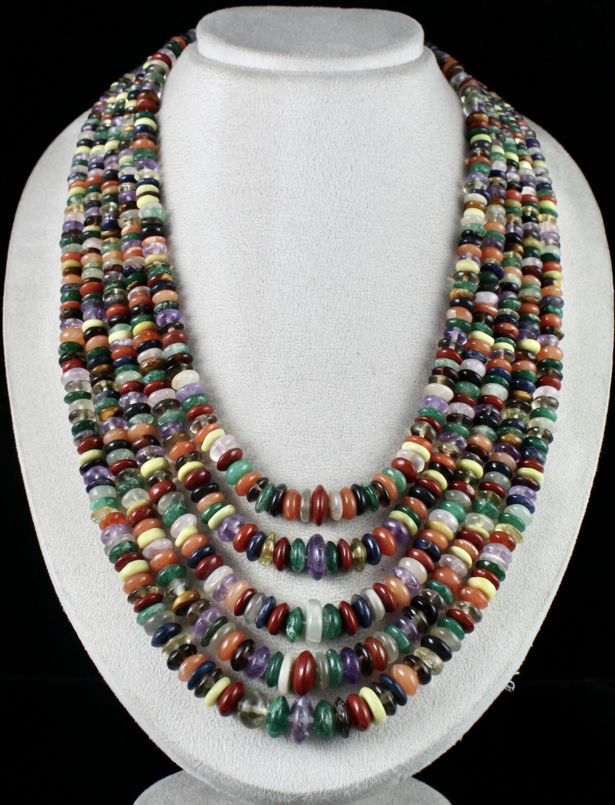 Old Natural Multi Semi Precious Beads 1897 Ct Gemstone Button Necklace 5 Line